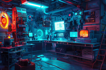 An underground crypto laboratory filled with intricate machinery, bathed in a combination of matte lights and luminous neon accents, creating a futuristic and surreal atmosphere.