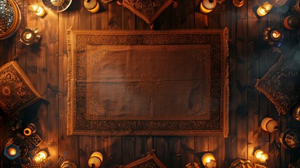 An ornate Arabic setting featuring traditional lanterns, intricate patterns, and glowing lights on a wooden floor.