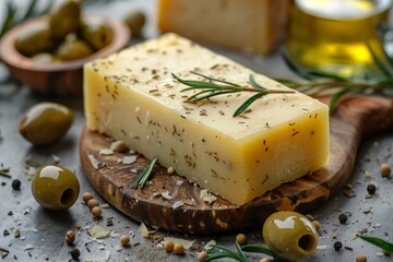Cheese making process with olive oil and herbs.