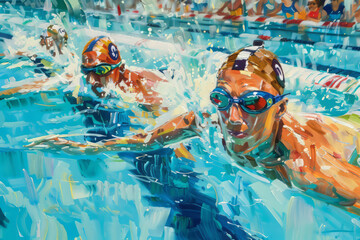 Stirring scene of swimmers racing in a pool, with the shimmering water and the gleaming Olympic medals waiting at the finish line.