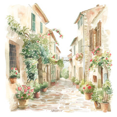 Quaint street watercolor in a Tuscan village