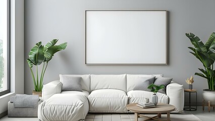 Minimalist white living room with blank picture frame on gray wall . Concept Minimalism, White Living Room, Blank Picture Frame, Gray Wall, Interior Design