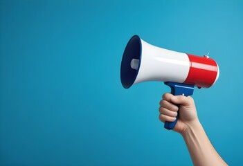 A hand holding a megaphone or bullhorn against a bright blue background