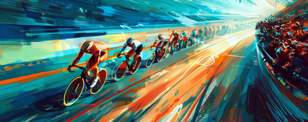 A gripping velodrome cycling race, with cyclists zooming around the track amid the enthusiastic cheers of the crowd.