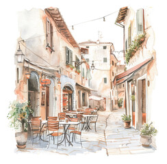 Charming watercolor alley with cafes and shops