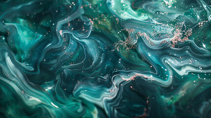 Vibrant jade marble ink cascades serenely through a mesmerizing abstract backdrop, shimmering with...