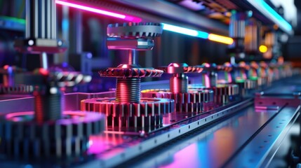 Colorful Lighting in D Rendered Gear Assembly Machine A Modern Industrial