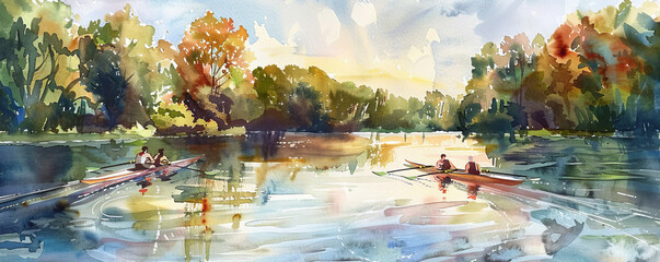 A peaceful watercolor depiction capturing a rowing competition on a tranquil river, where rowers elegantly move through the water amidst a tranquil setting of verdant trees and a vivid blue sky. - obrazy, fototapety, plakaty