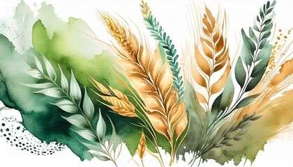assemblage of wheat and jade abstract watercolor swashes isolated on a transparent background