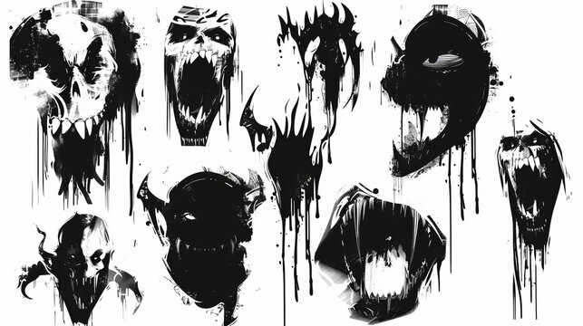 Cool grungy y2k vampire set with a negative photocopy effect PNG . Rough brutal elements for 90s vintage design. Ai generative