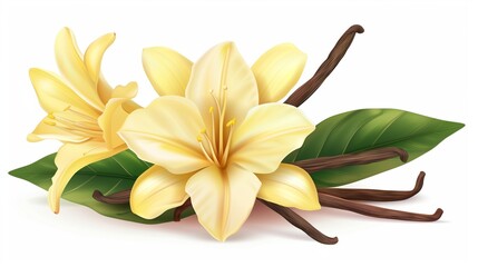 Illustration of a vibrant yellow lily with green leaves and brown vanilla pods on a white background.