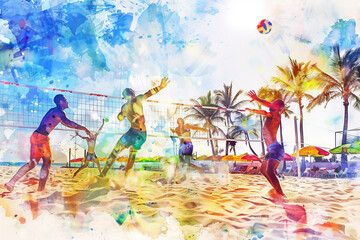 A beach volleyball match, showing players diving and spiking the ball on a sunny beach with palm trees and umbrellas, capturing the energetic and camaraderie of the players.