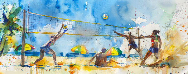 A dynamic beach volleyball game, featuring athletes diving and spiking the ball on a sunlit beach adorned with palm trees and umbrellas, encapsulating the lively spirit and camaraderie among the playe