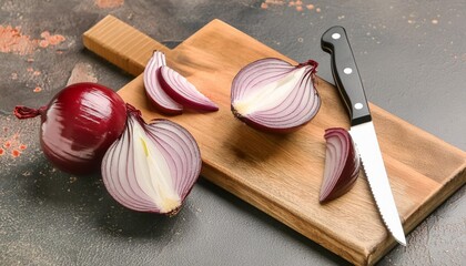 wooden board with cut red onion and knife on dark background generative ai - Powered by Adobe