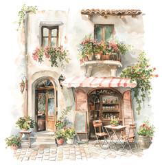 Charming cafe street scene in watercolor