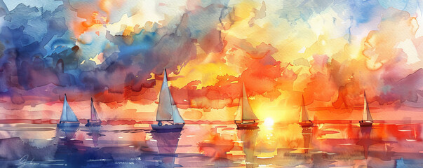 At a sailing regatta, graceful boats glide across the sea against a vibrant sunset and billowing clouds, highlighting the beauty and thrill of sailing on open waters.