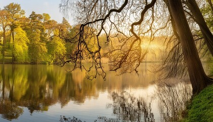 beautiful nature scene with reflection on the water and a spot of sunlight shining through the hanging branches high resolution panoramic wall art in art nouveau style