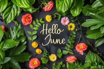 "Hello June", greeting card, text in the middle of it with designer lettering, background is colorful flowers and green leaves Generative AI