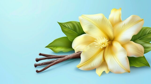 Illustration of a large yellow flower with vanilla beans and green leaves on a blue background.