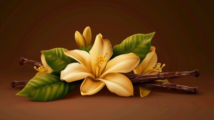 Illustration of sumptuous yellow lilies with green leaves and vanilla pods on a dark background.
