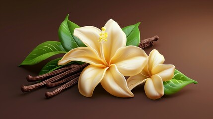 Illustration of vanilla flowers and pods on a textured brown background, with lush green leaves.