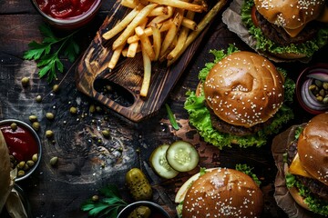 An overhead shot of burgers and fries with pickles and caper berries