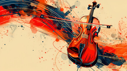 Watercolor style ai artwork of colorful abstract music background with violin and musical notes.
