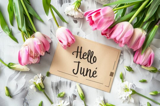 "Hello June", text on brown card, surrounded by spring flowers, pastel colors Generative AI