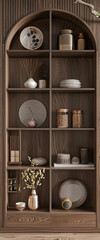 Elegant wooden shelves with various tasteful decorations in warm colors and natural materials, with a focus on organic shapes and textures, in a modern interior design style.