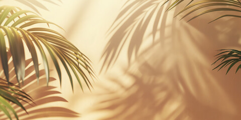 Obraz premium Blurred shadow from Tropical palm leaves on light cream wall, Minimalistic beautiful summer spring background. 