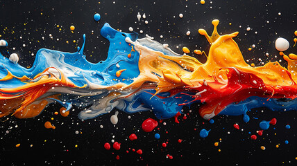 Splashes of bold primary colors splattered against a canvas of deep black.