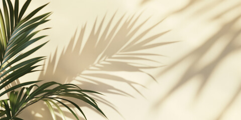 Blurred shadow from Tropical palm leaves on light cream wall, Minimalistic beautiful summer spring background.
