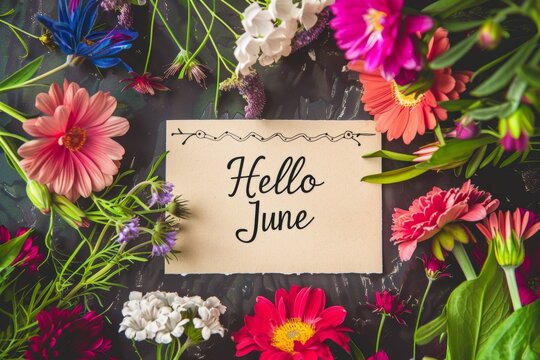 "Hello June" text on card with flowers background Generative AI