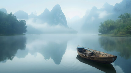 Tranquil Reflections of Mountains and a Lone Boat Amidst Nature's Peaceful Scenery