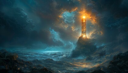 The Support Beacon, towering beacon of light shining brightly amidst a dark and stormy digital landscape, symbolizing the guiding presence of technical support in times of crisis. 