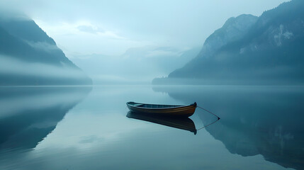 Tranquil Reflections of Mountains and a Lone Boat Amidst Nature's Peaceful Scenery