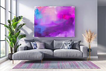 Purple pink blue abstract painting in living room, interior design, home decor, art for sale