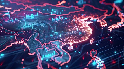 Obraz premium Digital map of Asia, concept of global network and connectivity, data transfer and cyber technology, business exchange, information and telecommunication