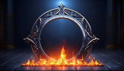 dark fantasy game background with ornate metal frame and fire circle high resolution