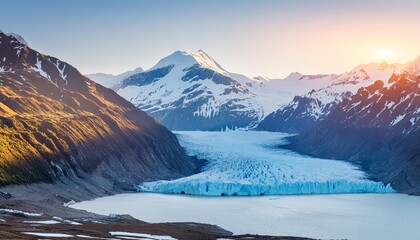photo of glacier with an icy blue hue surrounded by snow capped mountains and a frozen lake sunlight in distance generative ai - Powered by Adobe