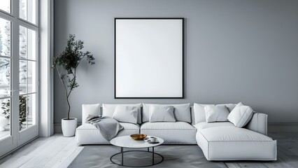 Minimalist white living room with empty picture frame against gray wall. Concept Minimalist Decor, White Interiors, Gray Walls, Empty Frames