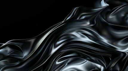 Luxurious black satin fabric with smooth, wave-like folds flowing elegantly against a dark background.