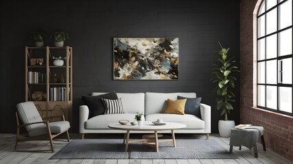 Empty-painted dark Grey wall.Luxury interior design of livingroom with white sofa and blank background. mockup living room design. 3d render