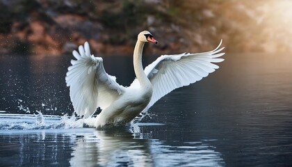white swan lands on the water surface after flight