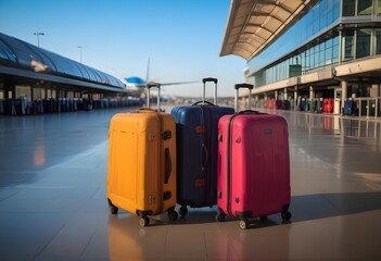 Colorful suitcases and luggage bags at an airport terminal, with a blue sky and airport architecture in the background