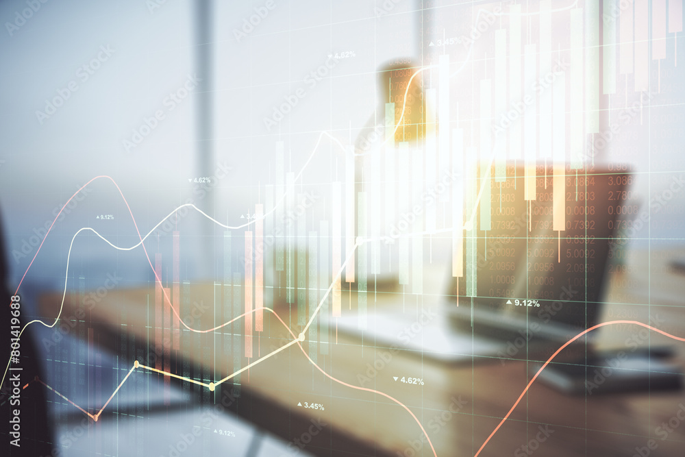Poster multi exposure of abstract creative financial graph on modern computer background, forex and investm