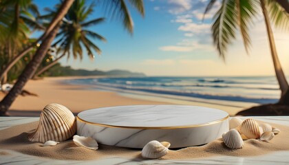 minimal round marble podium aesthetic summer dais 3d podium with a premium summer beach background seaside sand waves shells and coconut trees for product showcase ai generated