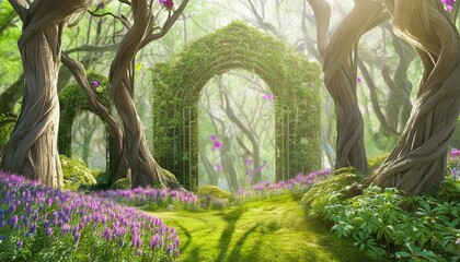garden of eden exotic fairytale fantasy forest green oasis unreal fantasy landscape with trees and flowers sunlight shadows creepers and an arch 3d illustration