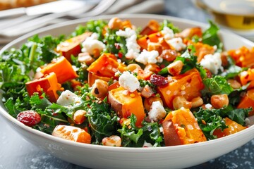 Baked sweet potato, kale, goat cheese and dried fruit salad
