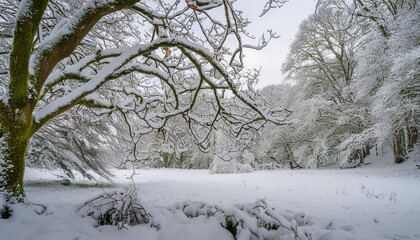 wide angle snowy landscape in the early morning of a woodland blanketed in snow with snow laden branches creating a winter wonderland